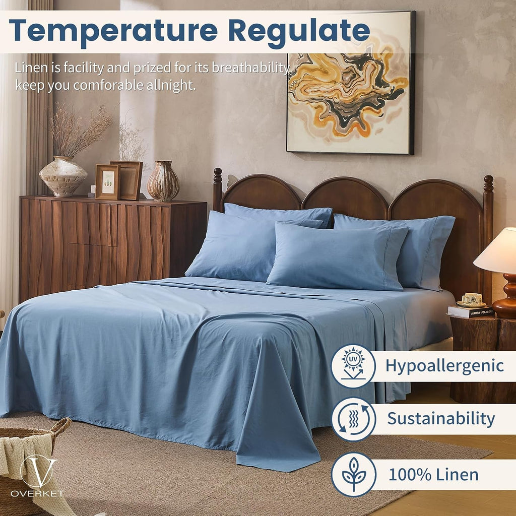 100% Linen Sheets Queen Size,Breathable & Durable 4-Piece Bed Flax Sheet Set,Soft All-Season Bedding for Hot Sleepers 16' Deep Pocket Oeko-TEX Certified,（Queen, Dusty Blue）