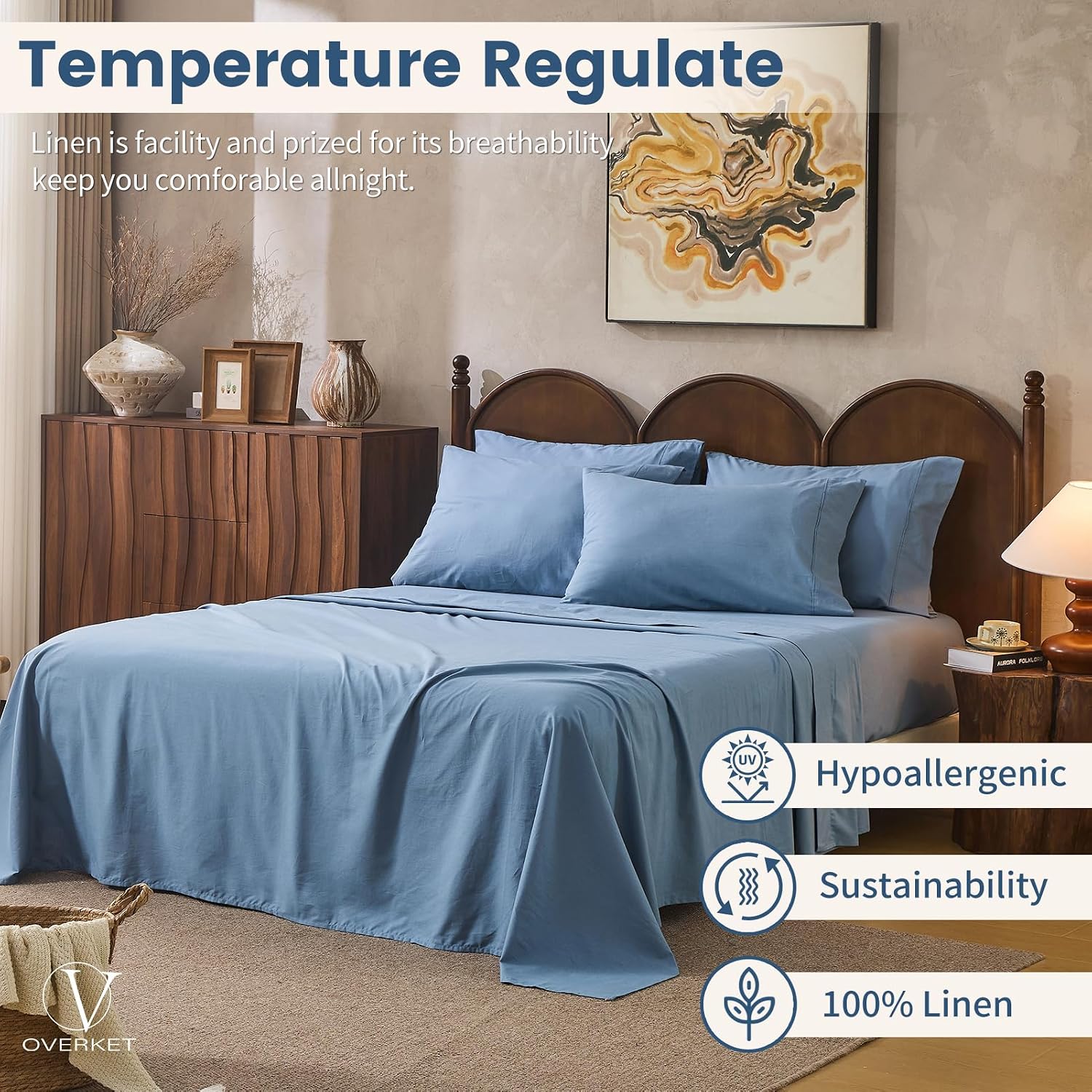 100% Linen Sheets Queen Size,Breathable & Durable 4-Piece Bed Flax Sheet Set,Soft All-Season Bedding for Hot Sleepers 16' Deep Pocket Oeko-TEX Certified,（Queen, Dusty Blue）