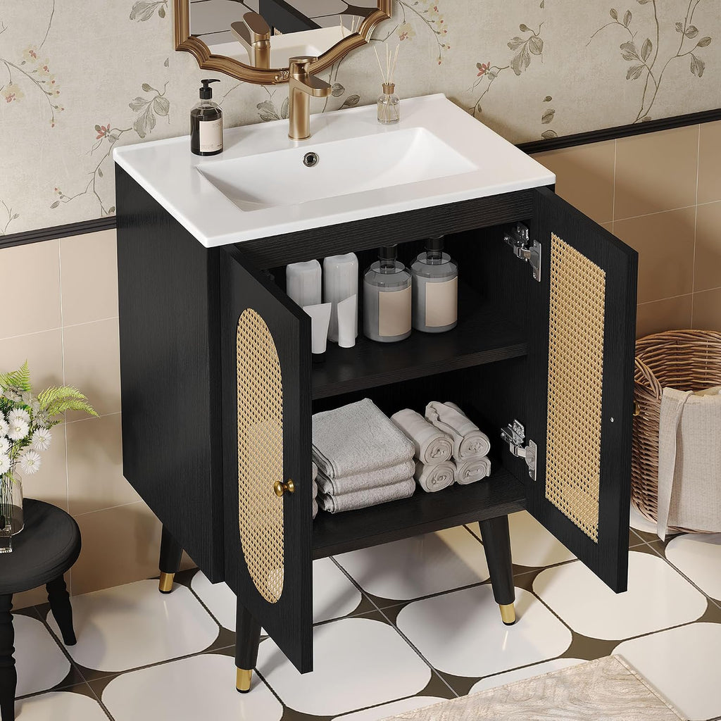 DWVO 24 Inch Rattan Vanity with Sink, Small Freestanding Bathroom Vanity Cabinet, Boho Style with 2 Large Soft-Closing Doors & Four-Sided Water Barrier Strip, Black