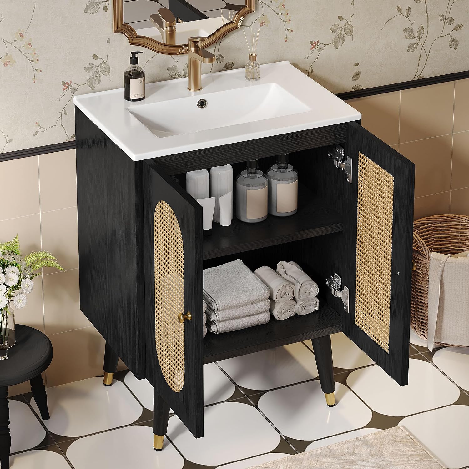 DWVO 24 Inch Rattan Vanity with Sink, Small Freestanding Bathroom Vanity Cabinet, Boho Style with 2 Large Soft-Closing Doors & Four-Sided Water Barrier Strip, Black