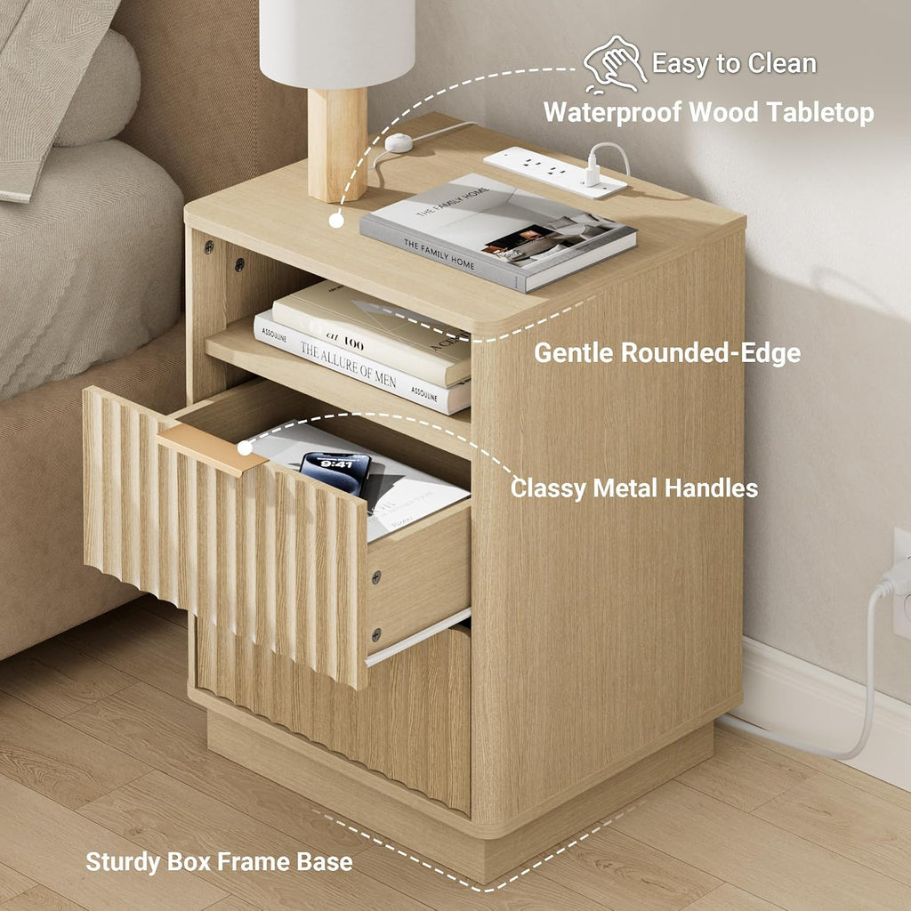 Fluted Nightstand, Night Stand Set 2, Modern Nightstands Set of 2 with Charging Station, 2 Drawer End Table w/Storage, Bedside Table for Bedroom Sofa Home Office, Curved Corners,Natural Oak