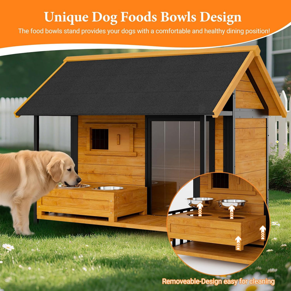 Large Dog House with Dog Bowls Stand, Outdoor Weatherproof XL Dog Kennel with Openable Roof, Easy Assembly All-Around Iron Frame Design for Outside Medium Big XLarge Breed Dogs