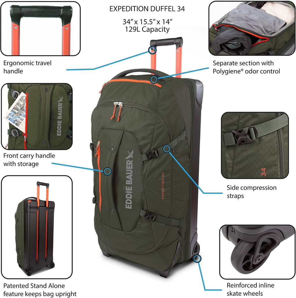 Eddie Bauer Expedition Rolling Duffel Bag with Wheels | Travel | Check-In | Luggage | Rugged | Durable - Storm, 34'