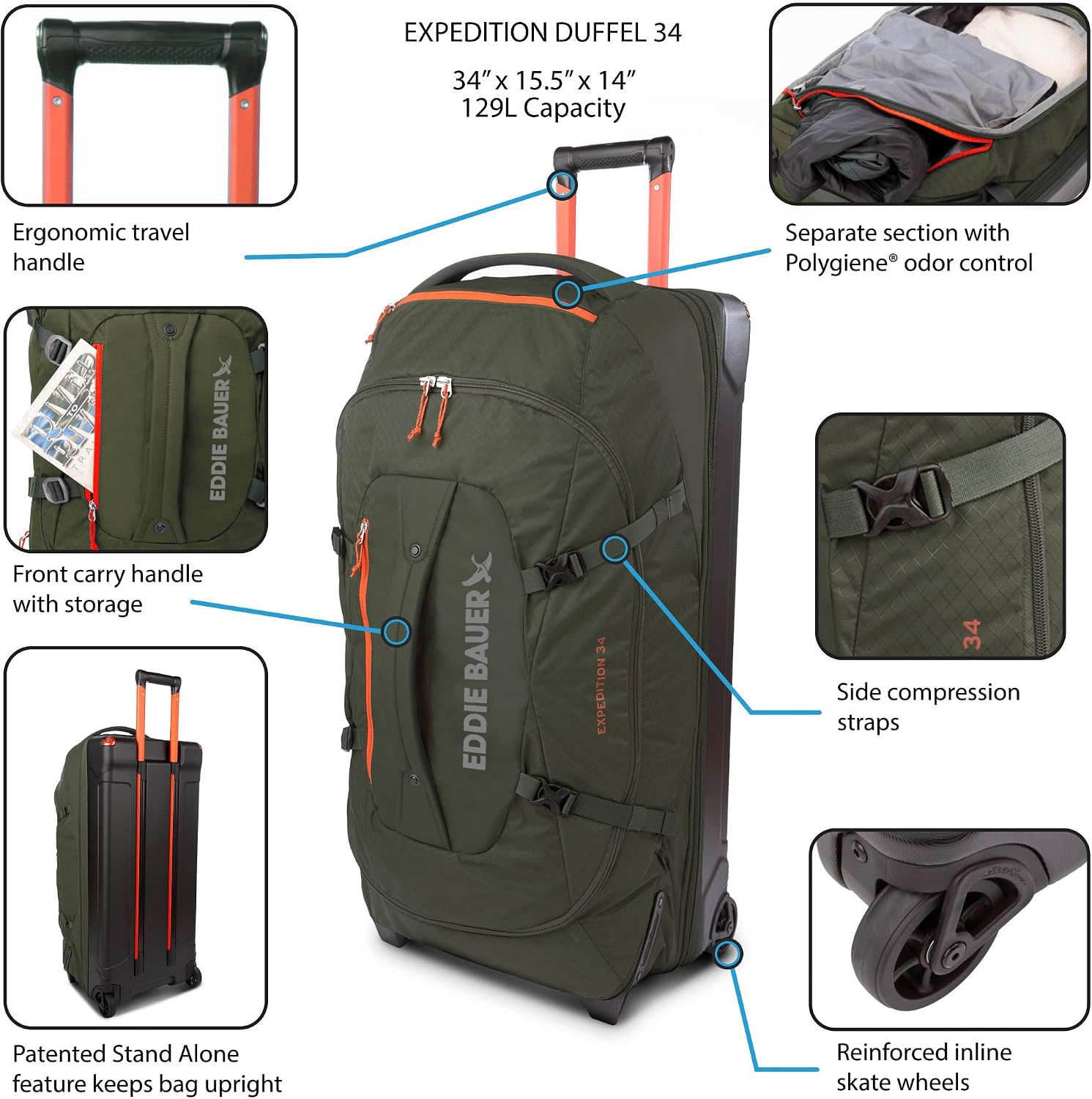 Eddie Bauer Expedition Rolling Duffel Bag with Wheels | Travel | Check-In | Luggage | Rugged | Durable - Storm, 34'