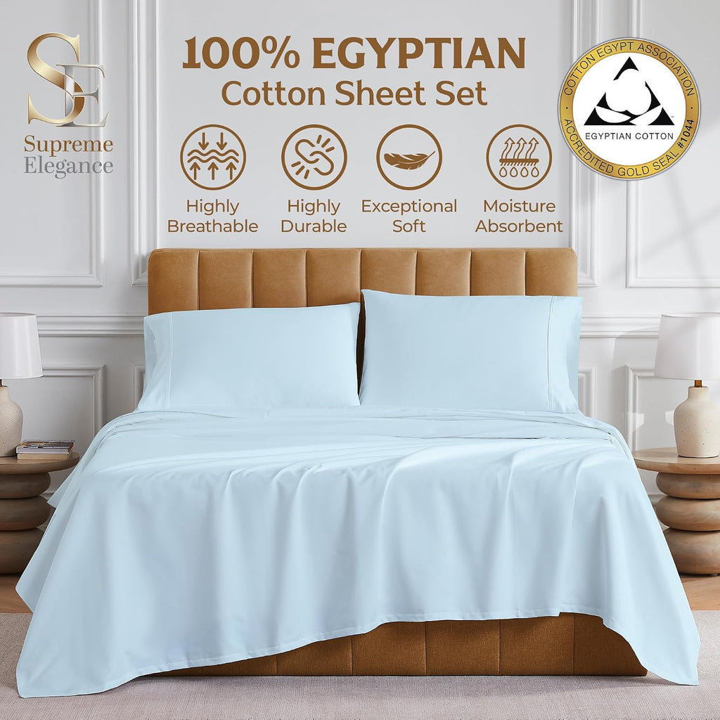 Supreme Elegance 1000 Thread Count Egyptian Cotton Queen Sheet Set, 4-Pieces Hotel Luxury Sateen Soft Bedding, 18' Deep Pocket Queen Sheets, Durable, Moisture Wicking & Breathable Bed Sheets, Sky Blue