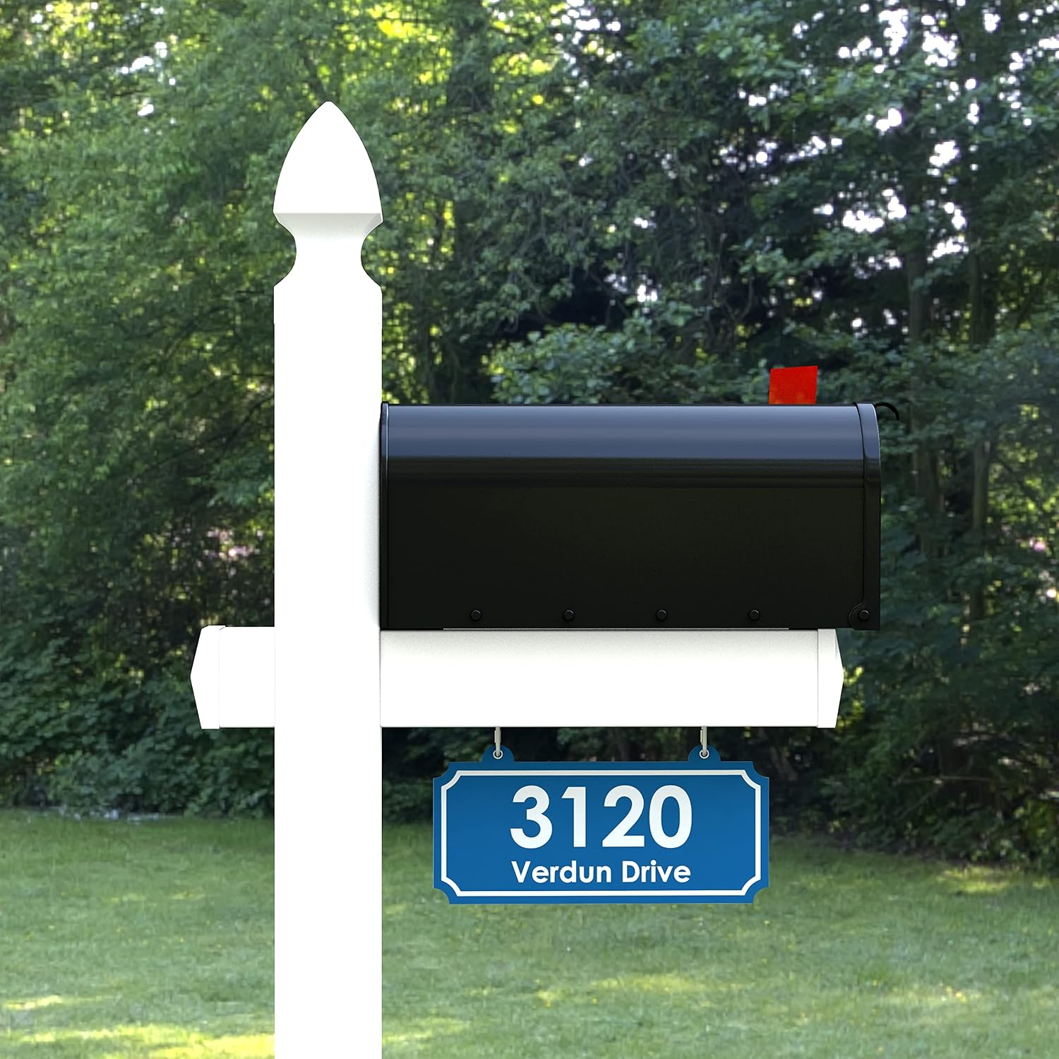 4Ever Products The Carmel Vinyl Mailbox Post System - Includes Black Steel Mailbox and Custom Street Address (Blue)