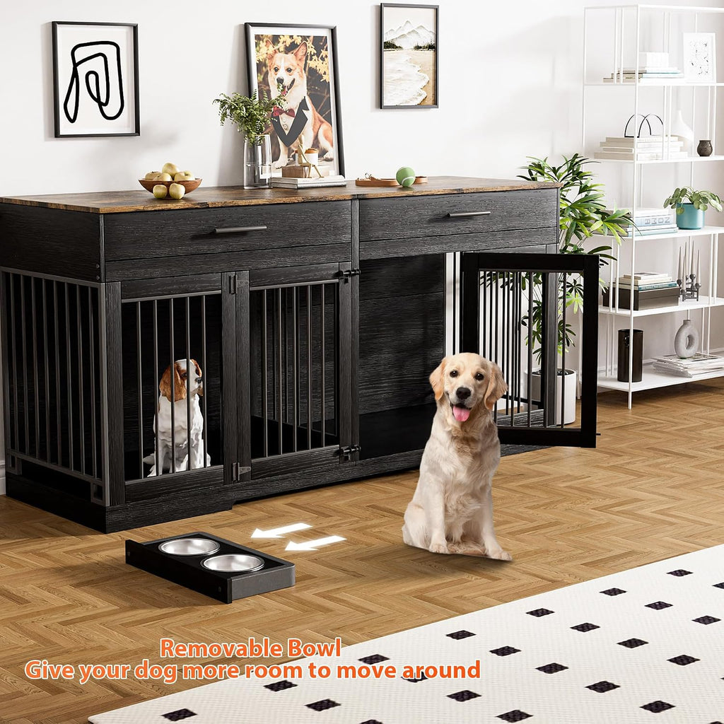 Rophefx 72' Dog Crate Furniture for 2 Dogs, Large Dog Kennel Furniture with 2 Storage Drawers and 4 Bowls, Wooden Dog Cage with Removable Divider, Indoor Dog House TV Stand for Medium Dog, Black