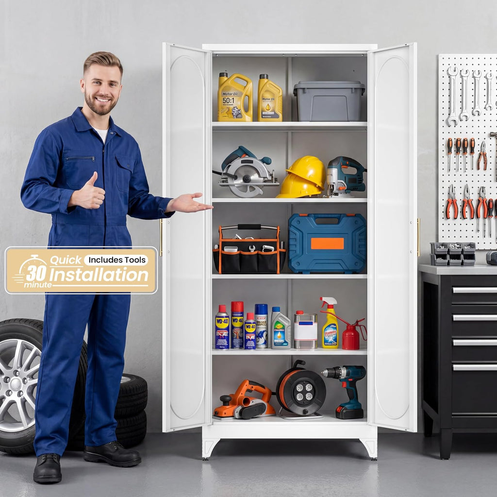 75' Tall Metal Storage Cabinet with 2 Doors and 4 Adjustable Shelves, 32'W x 16'D Heavy Duty Steel Pantry Cabinet for Kitchen, Garage, Home Office and Laundry Room, Cold-Rolled Steel, White