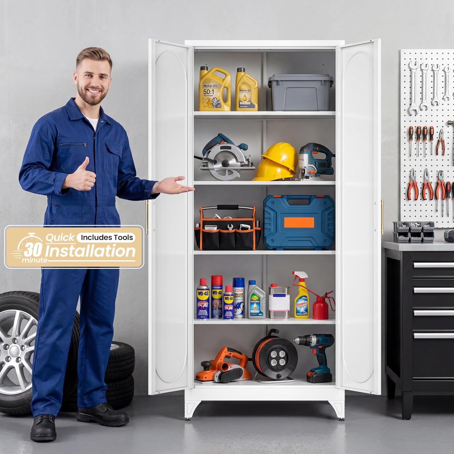 75' Tall Metal Storage Cabinet with 2 Doors and 4 Adjustable Shelves, 32'W x 16'D Heavy Duty Steel Pantry Cabinet for Kitchen, Garage, Home Office and Laundry Room, Cold-Rolled Steel, White
