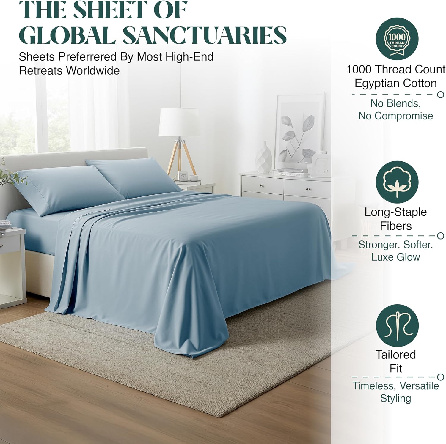 100% Egyptian Cotton Sheet Set Queen Size 4 PCs Sateen Cooling Soft Wrinkle Resistant 18 inches Deep Pocket | 1 Fitted Sheet, 1 Flat Sheet, 2 Pillowcases | Light Blue