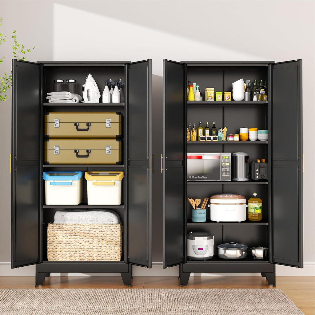 erosoei 75.2'H Metal Kitchen Pantry Storage Cabinet, Storage Cabinets with Adjustable Feet and Shelves,Food Pantries Cupboard for Kitchen, Living Room, Laundry Room and Dinning Room（Black）