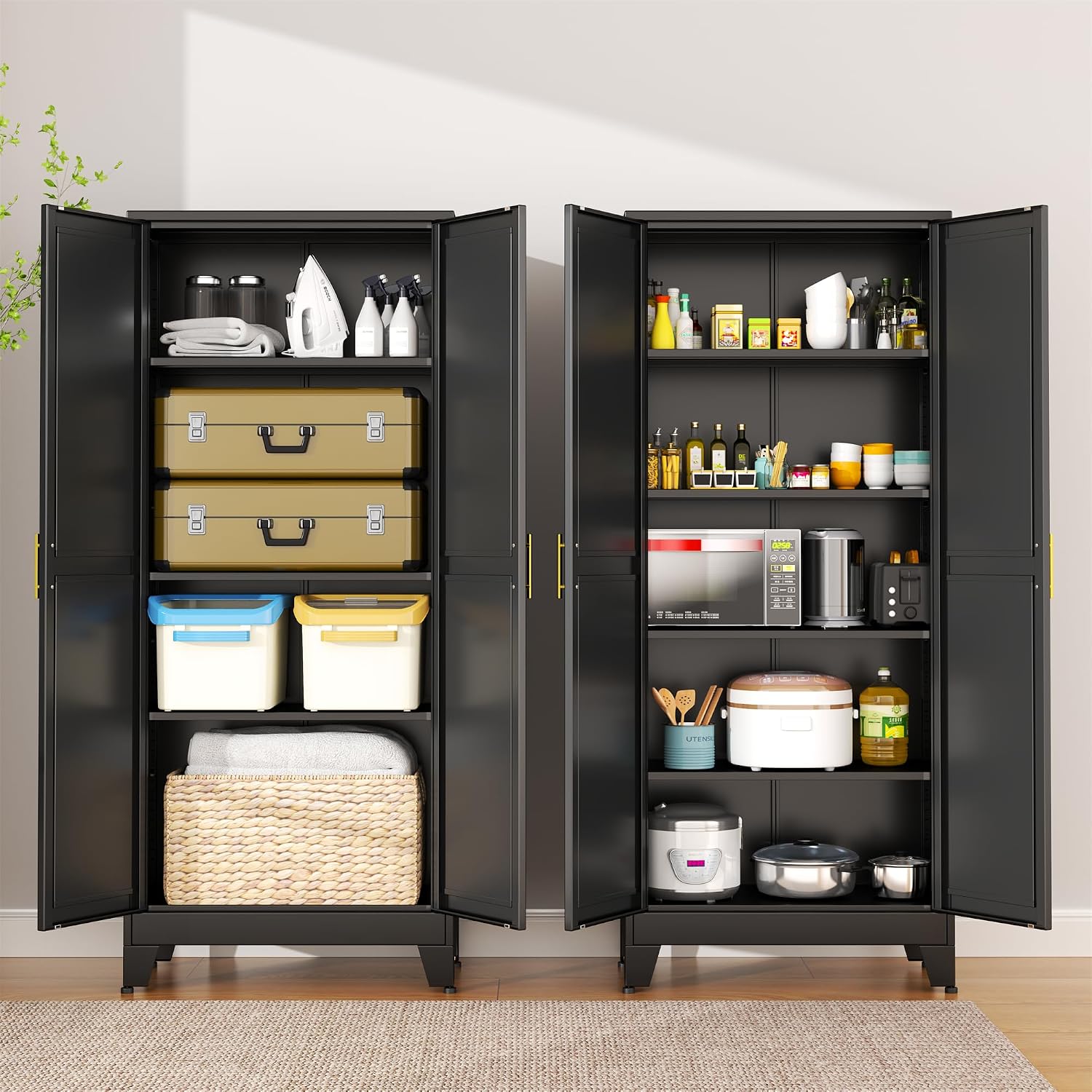 erosoei 75.2'H Metal Kitchen Pantry Storage Cabinet, Storage Cabinets with Adjustable Feet and Shelves,Food Pantries Cupboard for Kitchen, Living Room, Laundry Room and Dinning Room（Black）