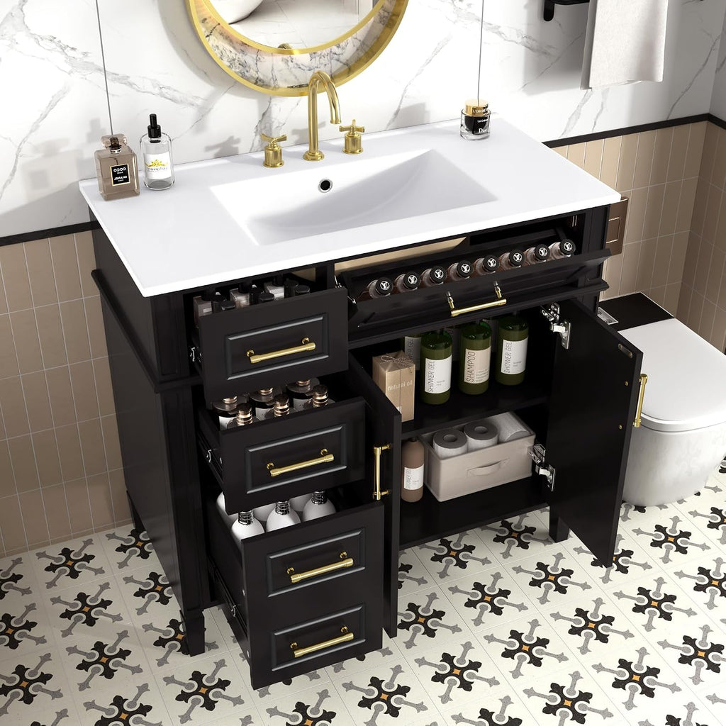 Harper & Bright Designs 36' Bathroom Vanity with Sink, Free Standing Bathroom Vanity Set with Flip Drawer, 3 Drawers, and Adjustable Shelf, Wood Storage Cabinet with Ceramic Basin for Bathroom, Black