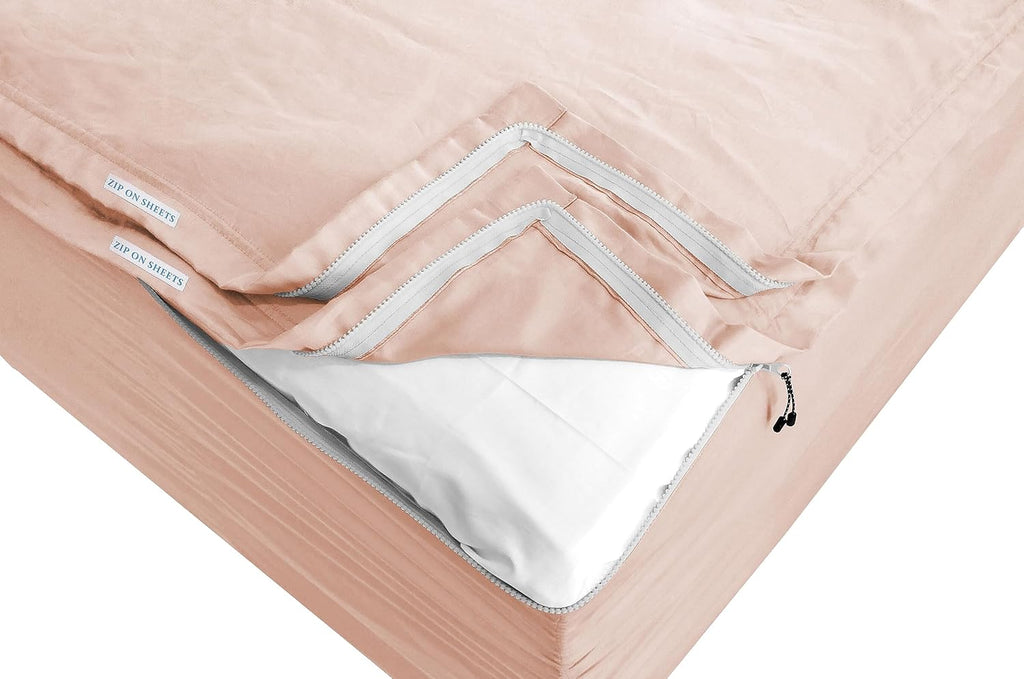 Zip On Sheets™ Zipper Fitted Sheet King Size - Upto 16' Inch Deep Pockets - Includes 1 Fitted Sheet Base & 2 Zip-On Sheets - Easy to Use, Sateen Cotton 500 TC Fitted Sheet - Blush
