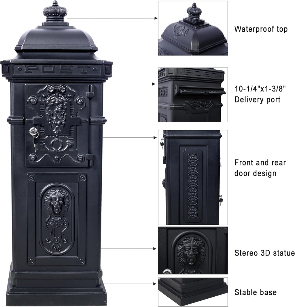 Copper Mailbox, Large Lockable Package Drop Box with Roman Statue, Rustproof Cast Aluminum Mail Boxes for Outside, Vintage Post-Mount Design, Weatherproof & Elegant Garden Letter Box (Black)
