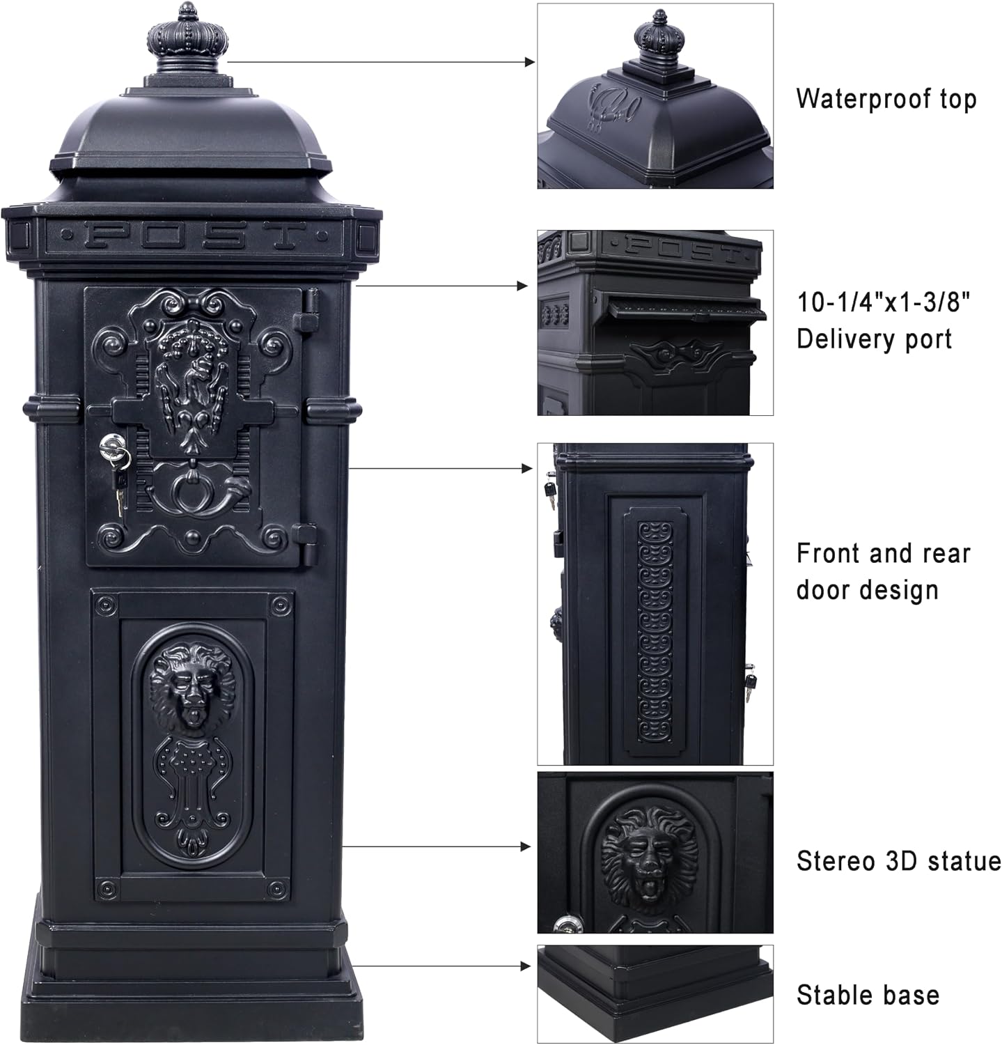 Copper Mailbox, Large Lockable Package Drop Box with Roman Statue, Rustproof Cast Aluminum Mail Boxes for Outside, Vintage Post-Mount Design, Weatherproof & Elegant Garden Letter Box (Black)