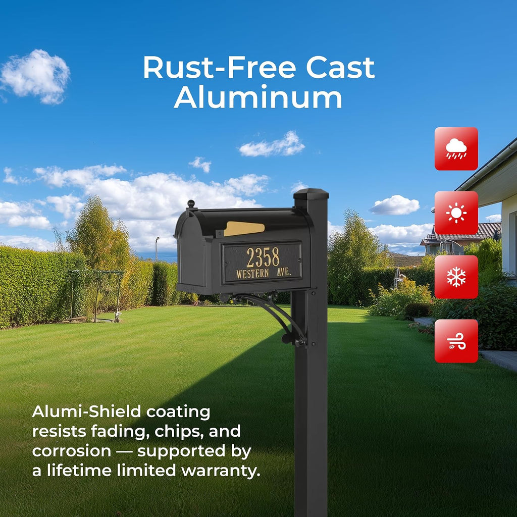 Superior Mailbox Package by Whitehall Black Large Cast Aluminum Mailbox with Decorative Post & Custom Address Side Plaques Weather Resistant Streetside Outdoor Mail Unit
