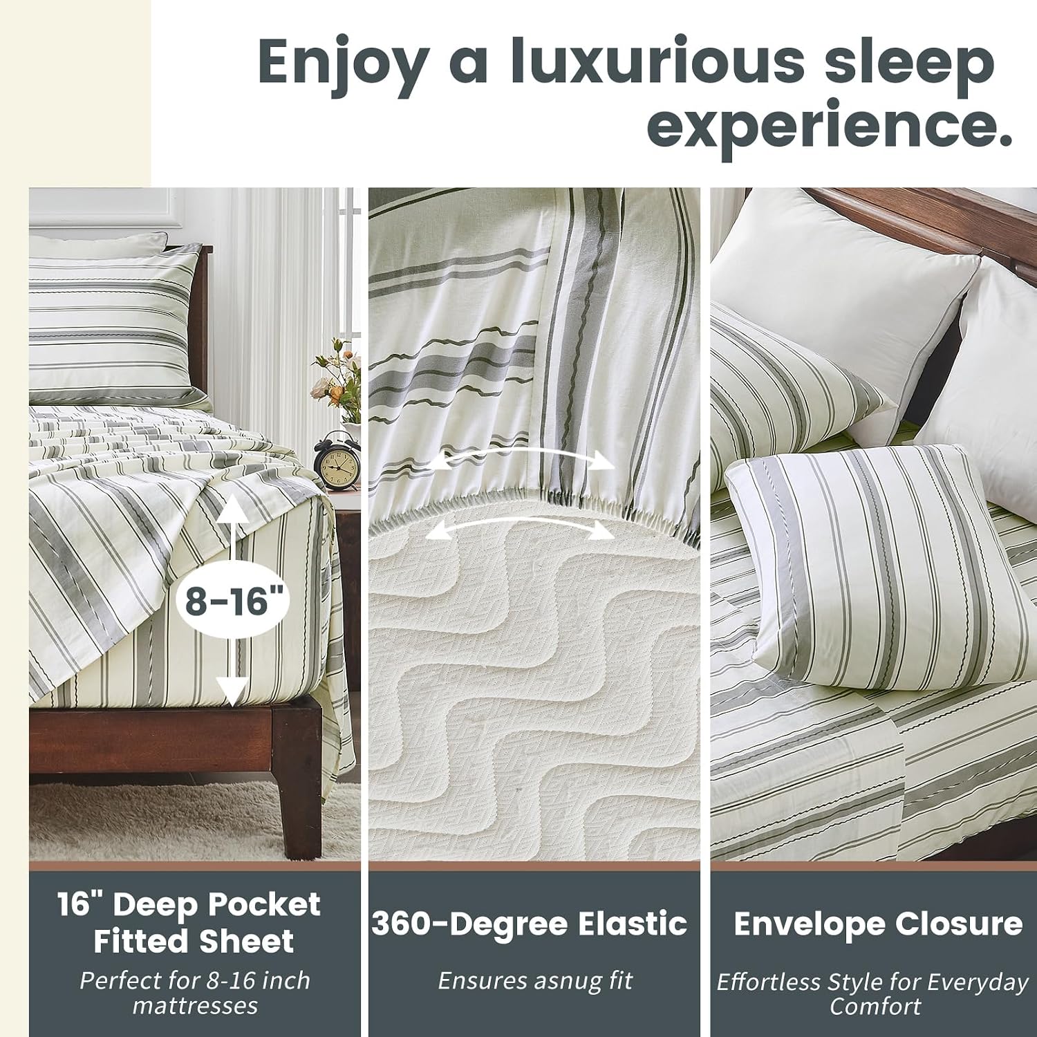 100% Linen Sheets Queen Size,Breathable & Durable 4-Piece Bed Flax Stripes Sheet Set,Soft All-Season Bedding for Hot Sleepers 16' Deep Pocket Oeko-TEX Certified,（Queen, Grey Stripes）