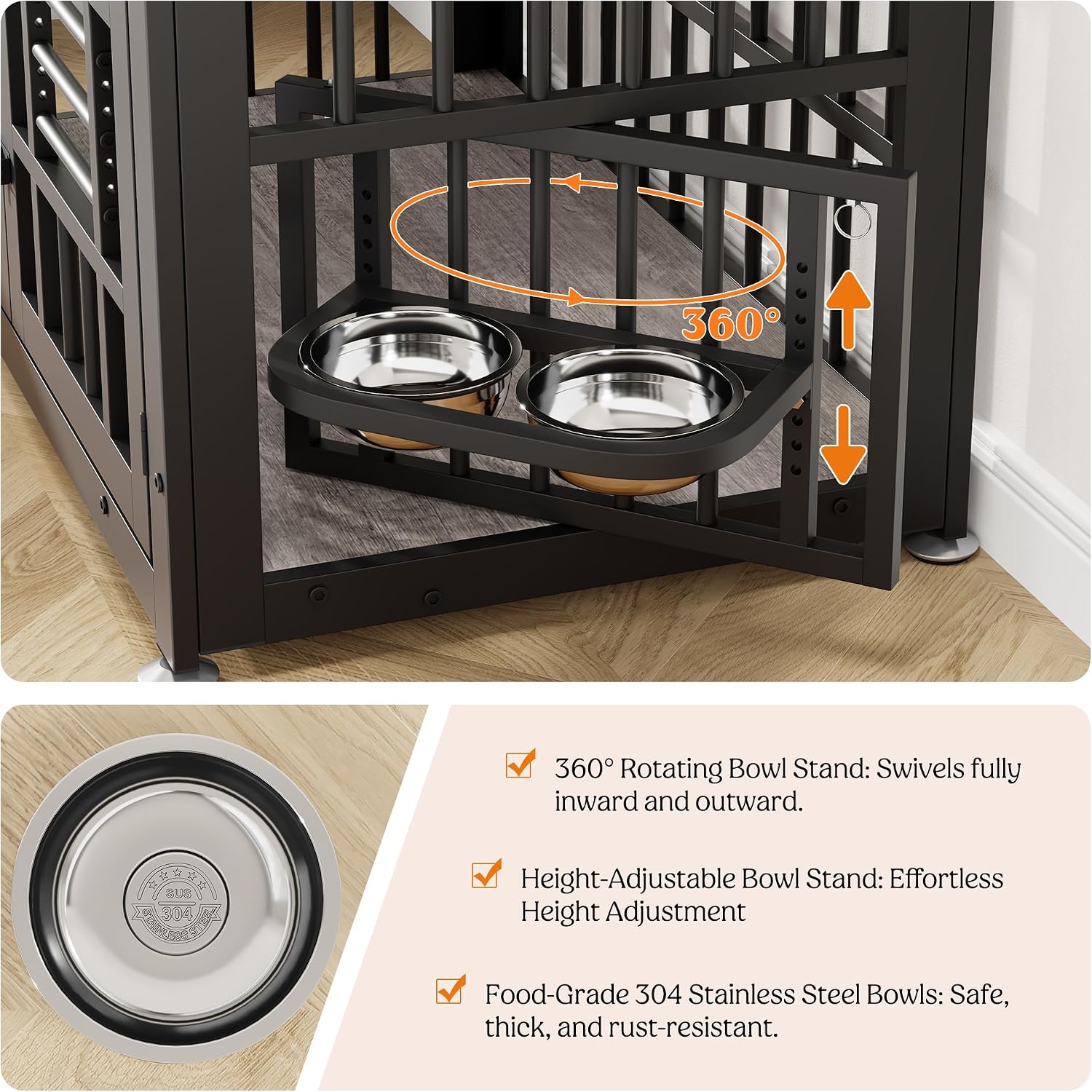 Lulive Dog Crate Furniture 37.8' Wooden Dog Kennel Table with Bowls Heavy Duty Dog Crates for Small/Medium/Large Dogs, Dog Kennel Furniture Indoor as TV Stand End Table,Grey