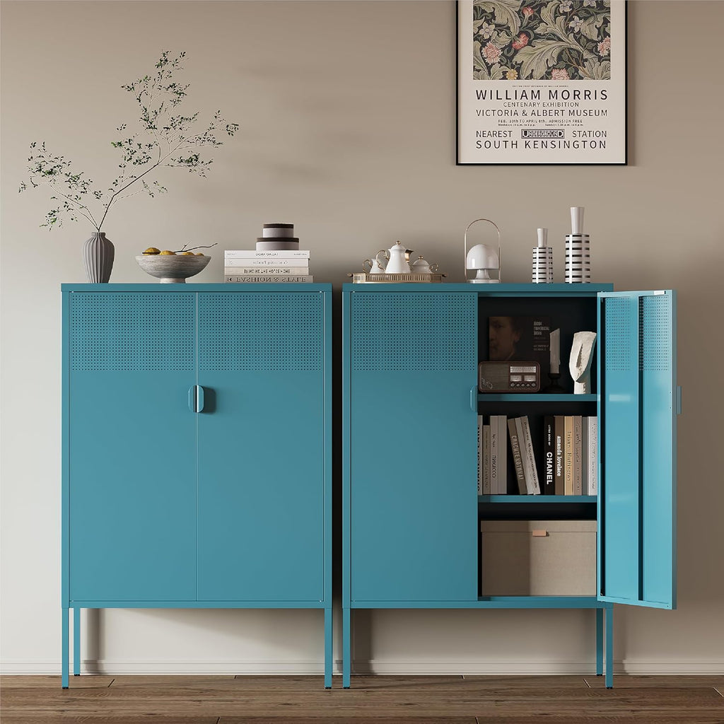Metal Storage Cabinet,2 Door TV Stand, Metal Mesh Accent Cabinet,Magnetic Door Closure,Low Storage Cabinets with Doors and Shelves