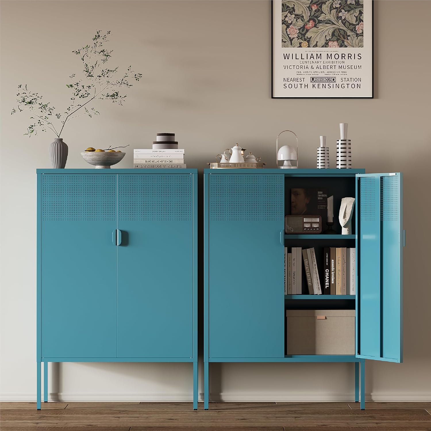 Metal Storage Cabinet,2 Door TV Stand, Metal Mesh Accent Cabinet,Magnetic Door Closure,Low Storage Cabinets with Doors and Shelves