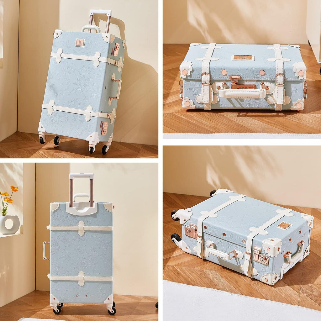 Unitravel 2 Piece Vintage Suitcase Set, 26' Women Cute Travel Luggage with 12' Handbag, Hardside Faux Leather Spinner Trunk with TSA Lock (Embossed Blue)