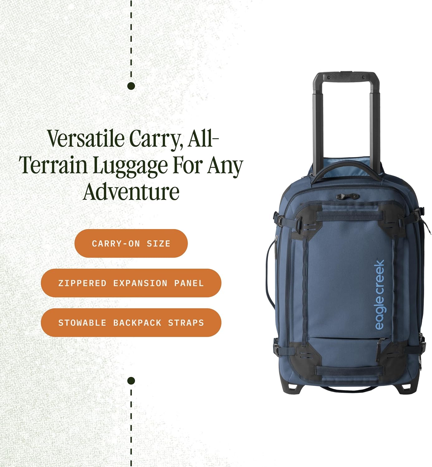 Eagle Creek Gear Warrior XE 2-Wheel Convertible Carry-On Luggage for Travel Essentials - Heavy Duty Wheels - Lockable Zippers - Interior Laptop Sleeve - Blue Jay - 21.75'