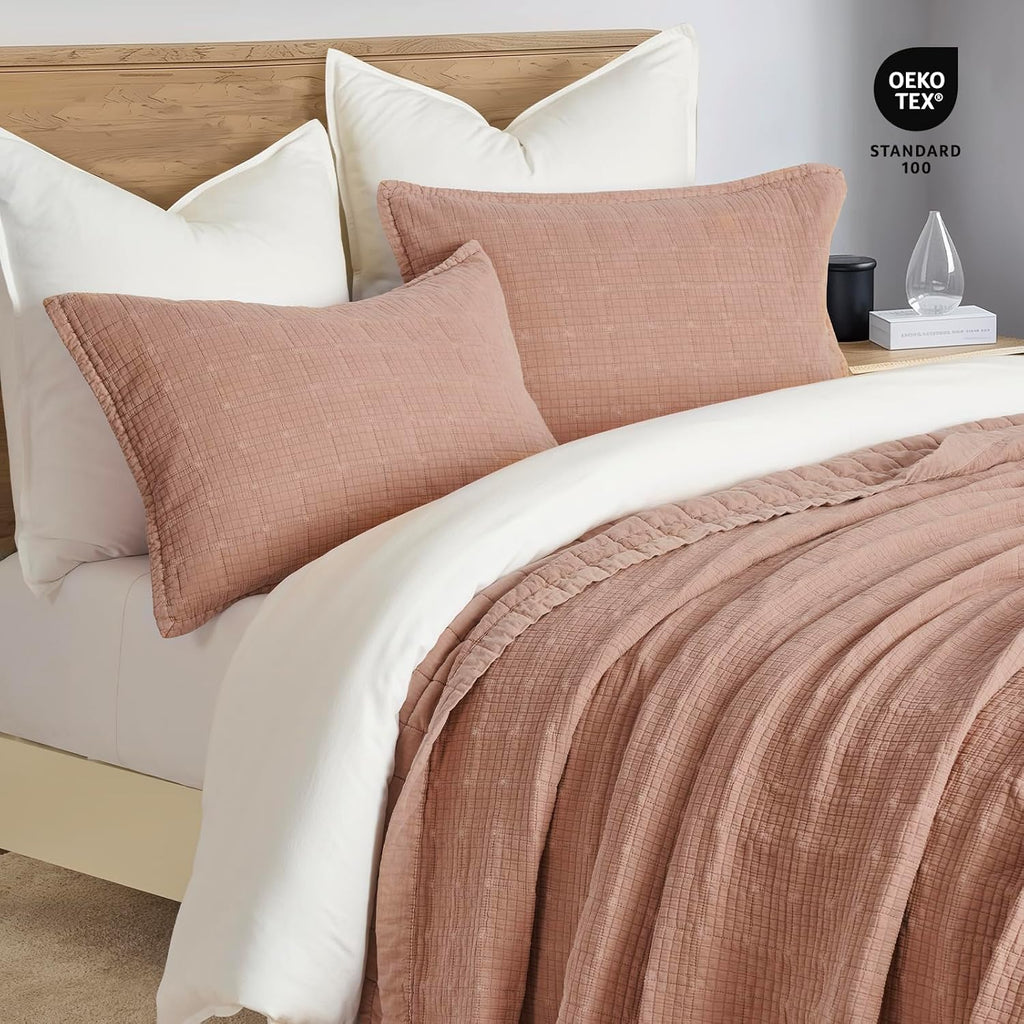 EVERGRACEHOME Stonewashed Cotton Quilt Set Full Queen Size, Ultra Soft Oversized Bedspread Coverlet Set, Lightweight Crinkle Box Stitch Bedding Sets for All Season, with 2 Shams, Terracotta Clay