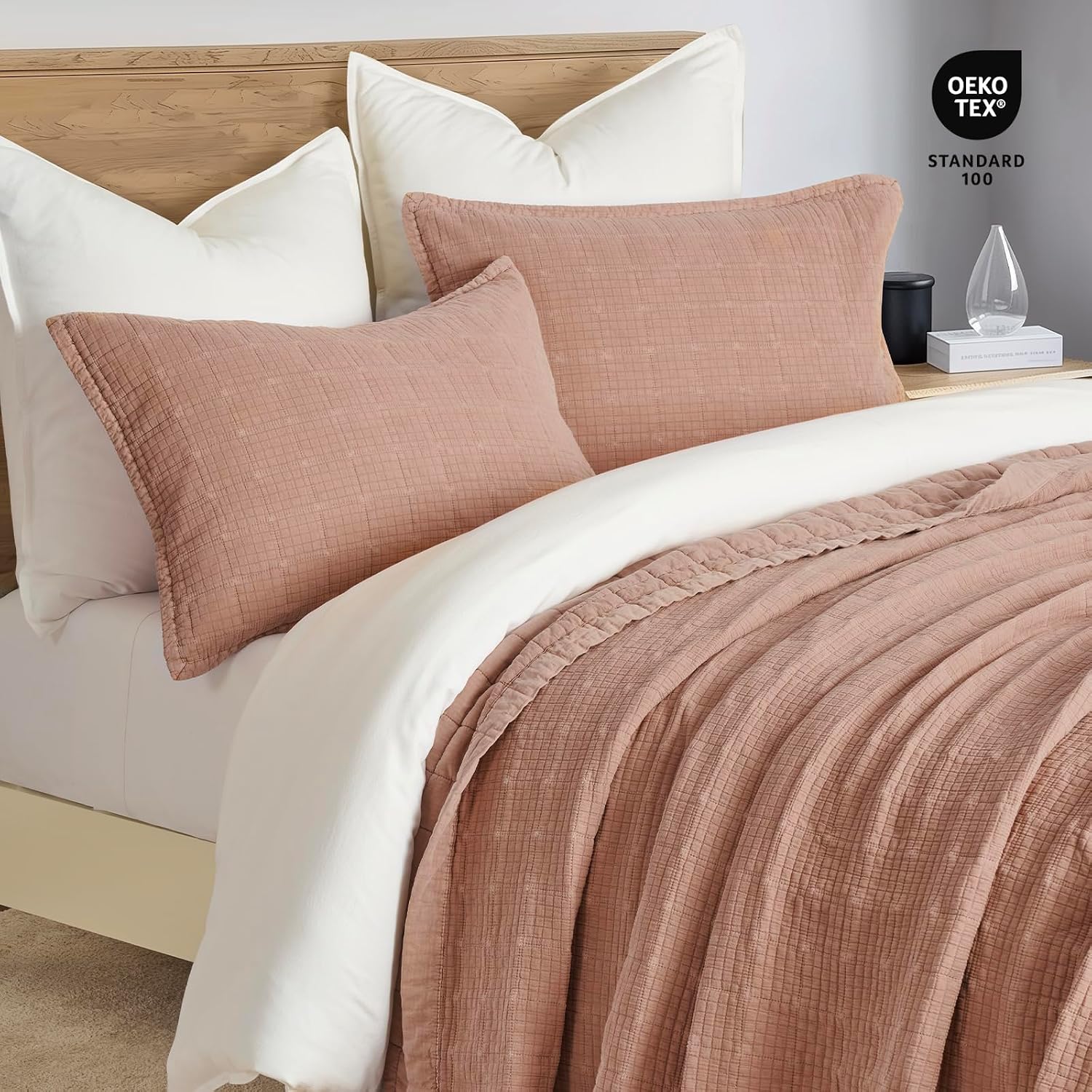 EVERGRACEHOME Stonewashed Cotton Quilt Set Full Queen Size, Ultra Soft Oversized Bedspread Coverlet Set, Lightweight Crinkle Box Stitch Bedding Sets for All Season, with 2 Shams, Terracotta Clay