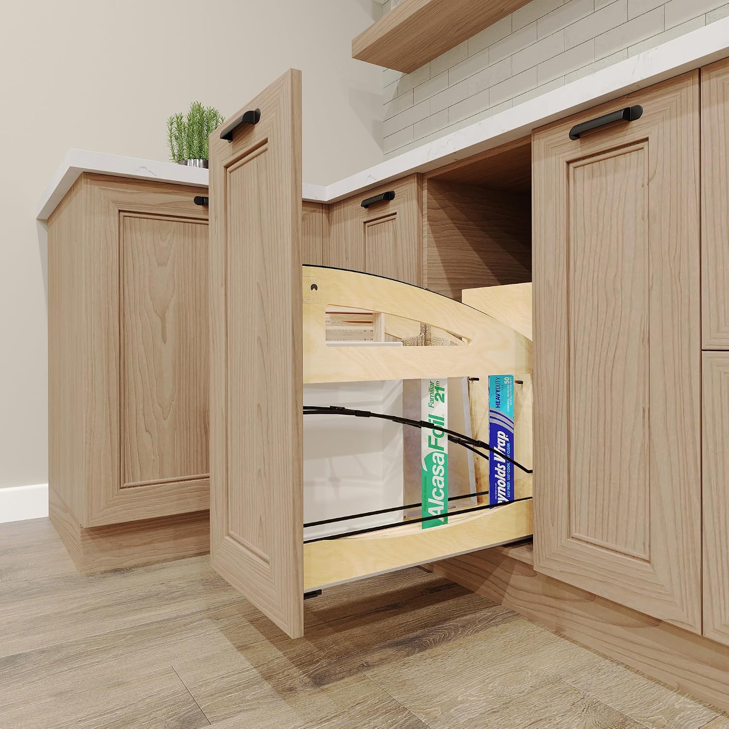 Rev-A-Shelf 8' Craftsman Collection Solid Maple Base Cabinet Pullout w/Tray Divider/Foil Wrap Holder, Black Accents and Blum Soft-Close Slides for 12' Base Cabinets