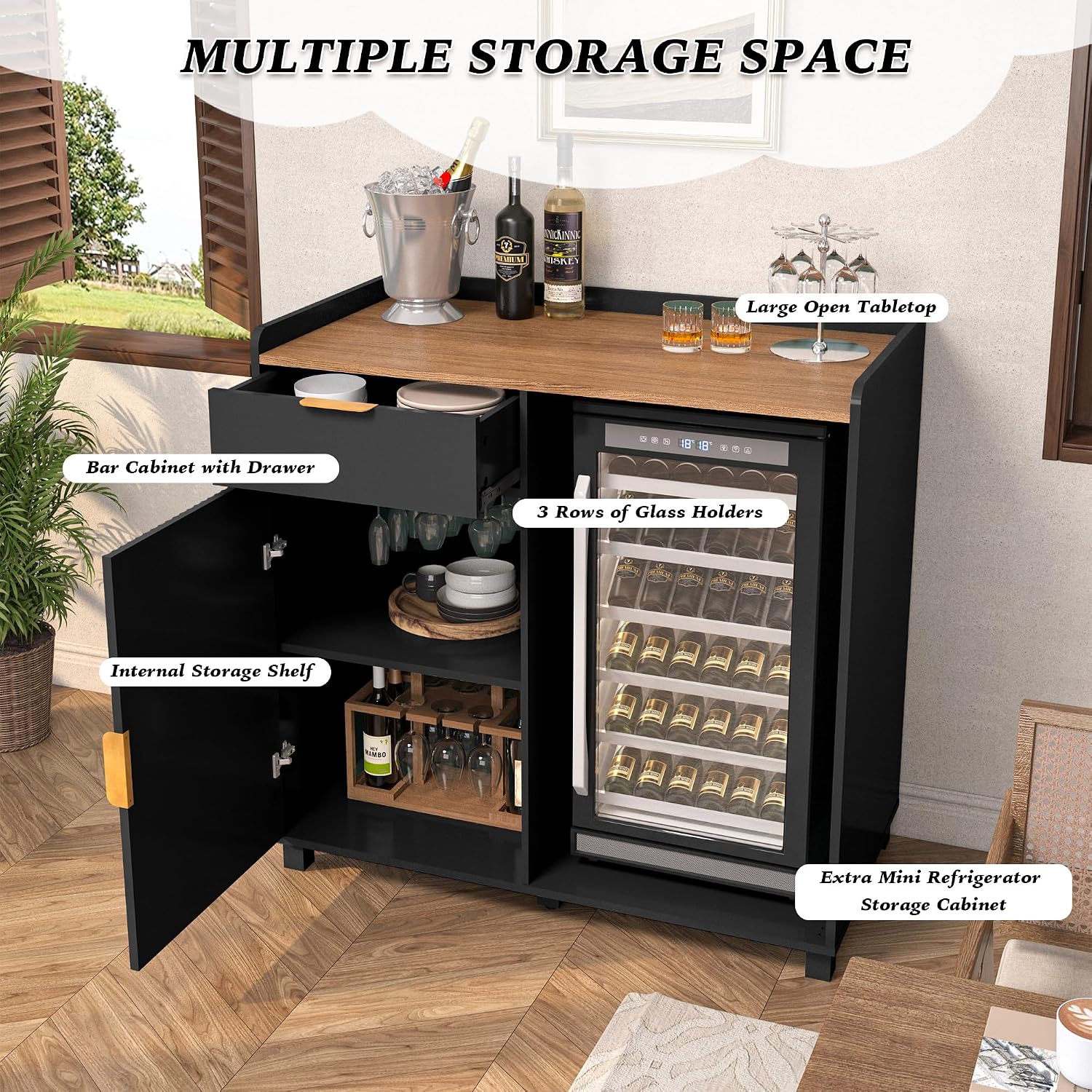 Bar Cabinet with Fridge Space&Fluted Door, Mini Fridge Cabinet with Wine Storage, Modern Sideboard Buffet Cabinet Coffee Station for Dining Room, Living Room, Kitchen, Black