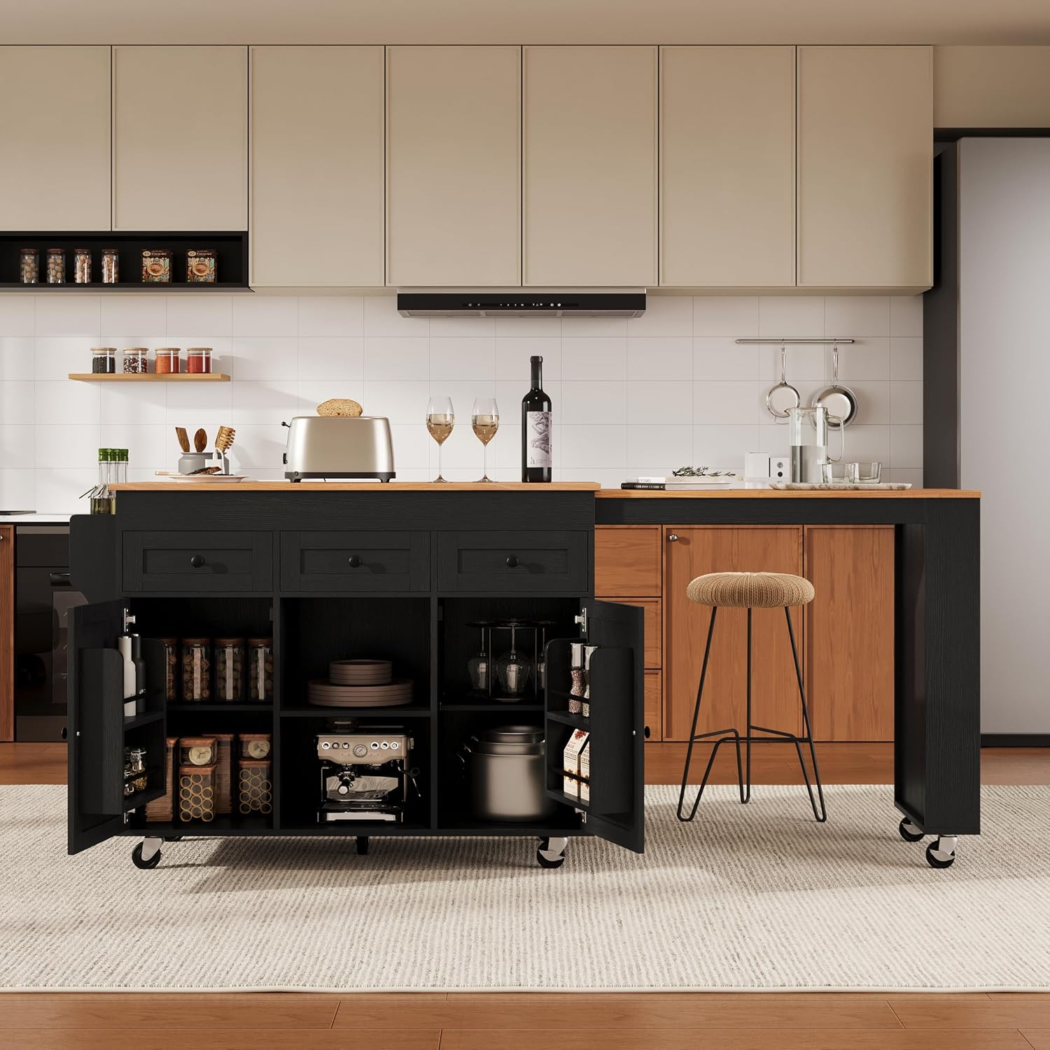 85.5' Kitchen Island with Extendable Dining Table, Kitchen Storage Table with 3 Side Open Shelves, Rolling Kitchen Island with Power Outlet, 3 Drawers, 2 Doors, for Kitchen, Dining Room (Black#78)