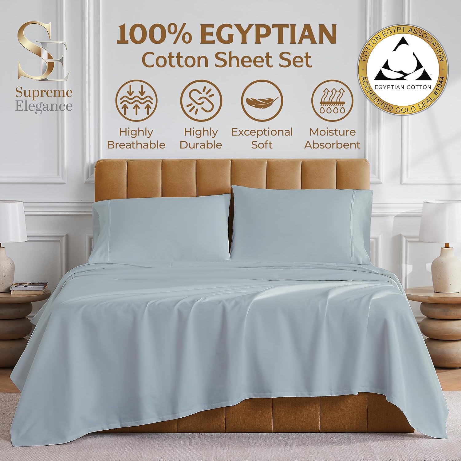 SUPREME ELEGANCE 4Pc 100% Egyptian Cotton Queen Size Sheets Set, 1000 Thread Count Sateen, Moisture Wicking, Ultra Soft & Breathable Bed Sheets, Gold Seal Luxury Bedding, 18' Deep Pocket, Light Gray