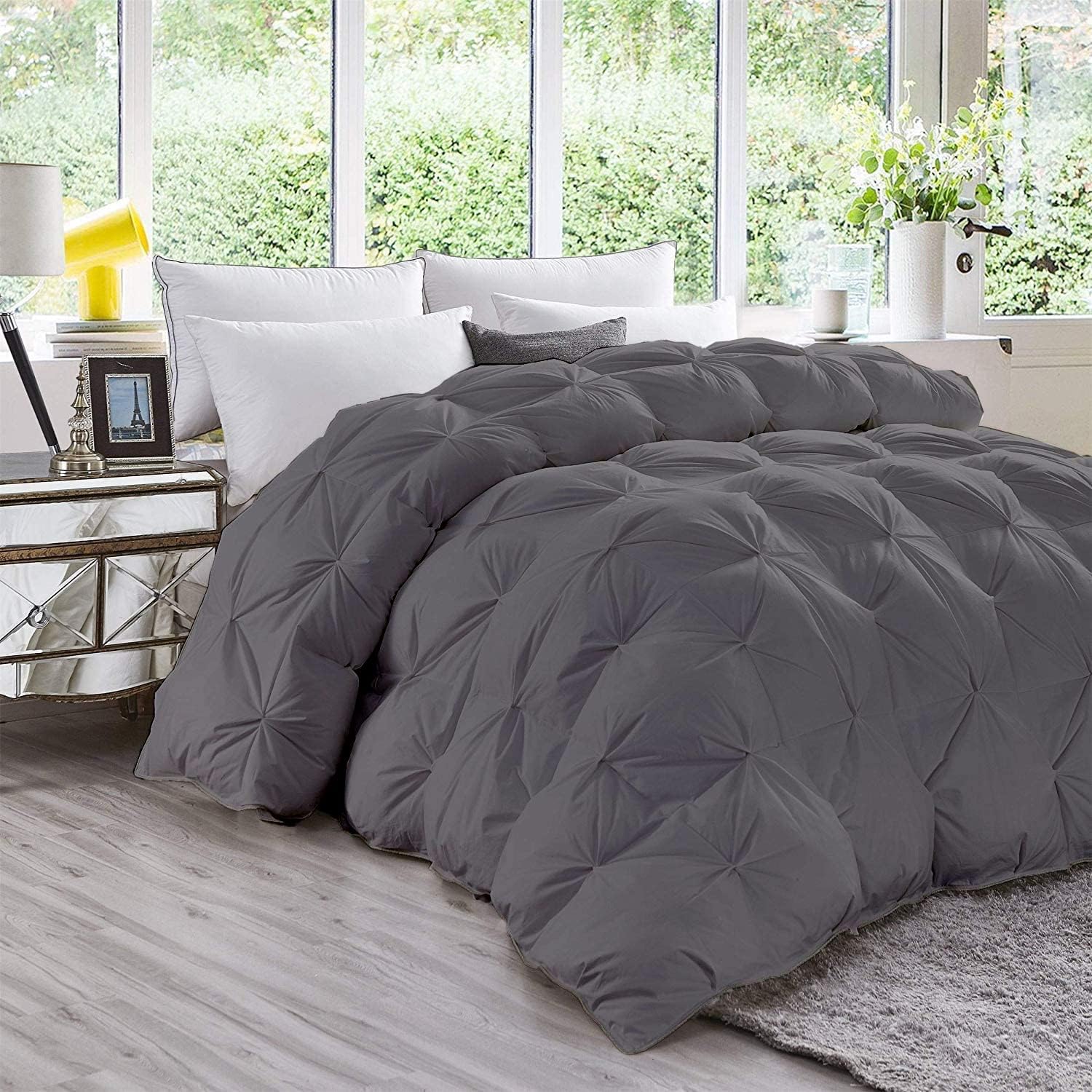 Dark Gray Down Alternative Pinch Pleated Comforter- Oversized Queen Size 98 x 98 Inches 1 Piece All-Season Duvet Insert, 500 GSM with Corner Tabs 100% Egyptian Cotton- (Dark Gray Solid)