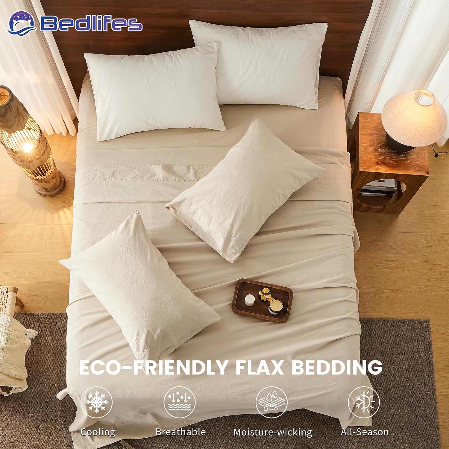 Bedlifes 100% French Pure Linen Sheets King Size Breathable and Cooling Flax Sheet Set Soft Durable and Moisture Wicking 16 Inch Deep Pocket-4 Piece(King,Linen)