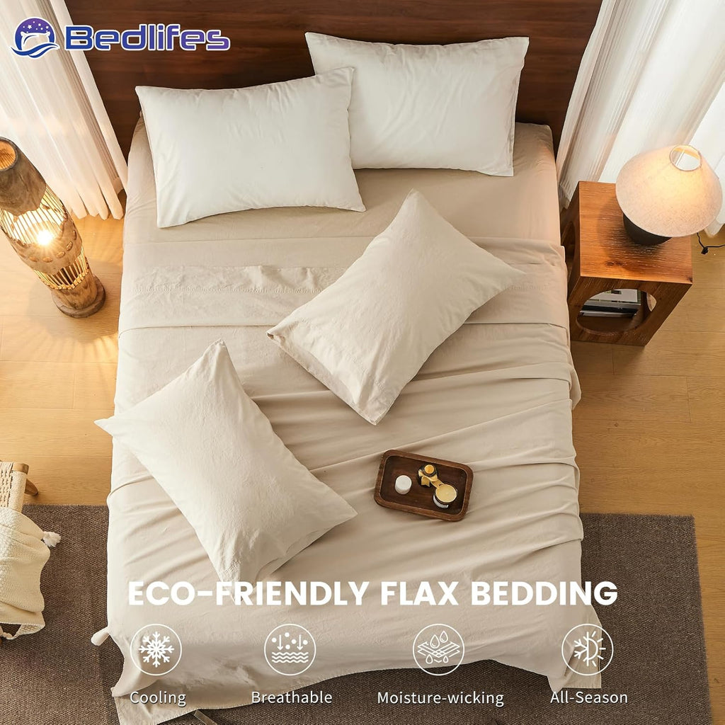 Bedlifes 100% French Pure Linen Sheets California King Size Breathable and Cooling Flax Sheet Set Soft Durable and Moisture Wicking 16 Inch Deep Pocket-4 Piece(Cal King,Linen)