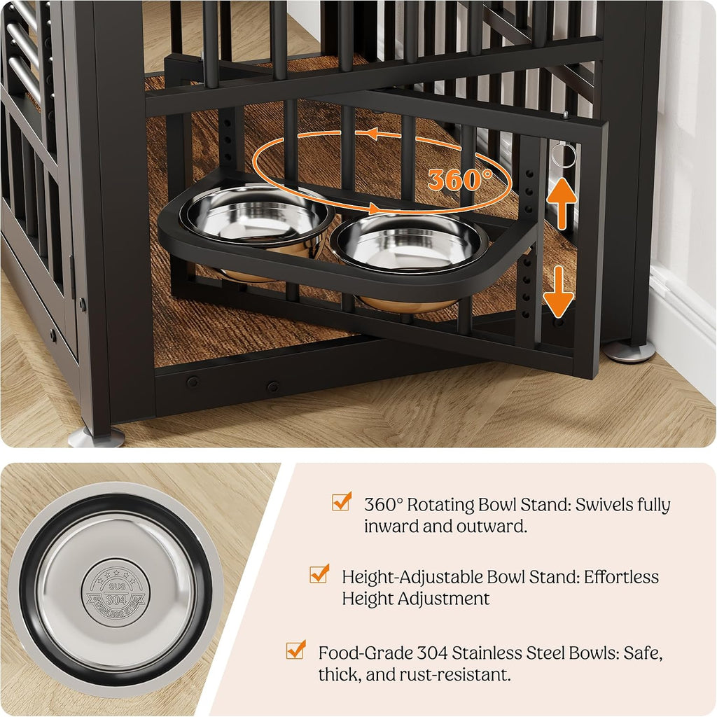 Lulive Dog Crate Furniture 31.5' Wooden Dog Kennel Table with Bowls Heavy Duty Dog Crates for Small/Medium/Large Dogs, Dog Kennel Furniture Indoor as TV Stand End Table,Brown