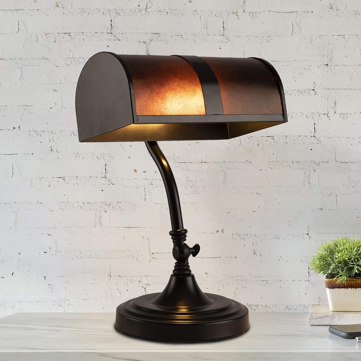 Lavish Home Bankers Lamp - Mission Style Amber Mica Shade Table or Desk Light LED Bulb Included Classic Vintage Look Accent Decor Dark Brown, Black, Off White 10 x 9 x 14 (L x W x H)