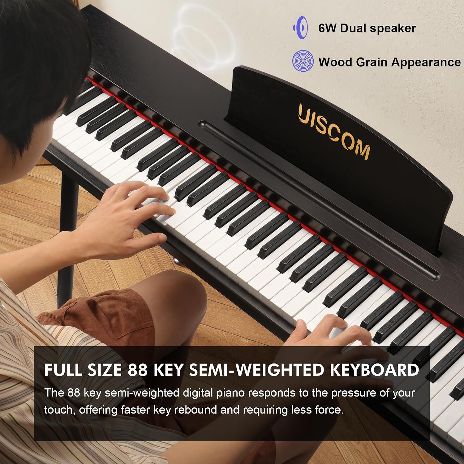 UISCOM Digital Piano Keyboard for Beginners,Full Size 88 Key Semi-Weighted Keyboard Electric Piano with Stand,Power Adapter,Sheet Music Stand,Pedal,Headphone,USB-MIDI Compatibility,Wood Black