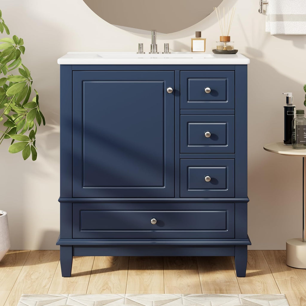 Harper & Bright Designs 30' Bathroom Vanity with Sink, Free Standing Single Basin Vanity Set with One Door and Three Drawers, Solid Wood Bathroom Cabinet with Ceramic Basin for Bathroom, Blue