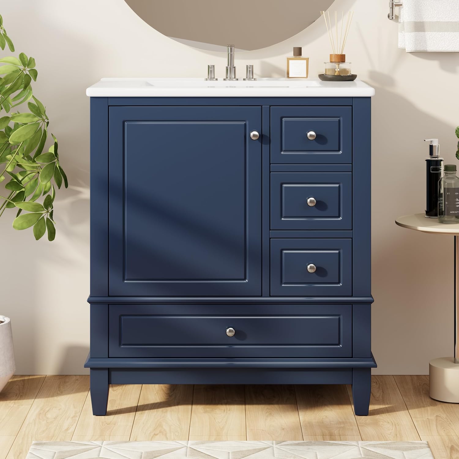 Harper & Bright Designs 30' Bathroom Vanity with Sink, Free Standing Single Basin Vanity Set with One Door and Three Drawers, Solid Wood Bathroom Cabinet with Ceramic Basin for Bathroom, Blue