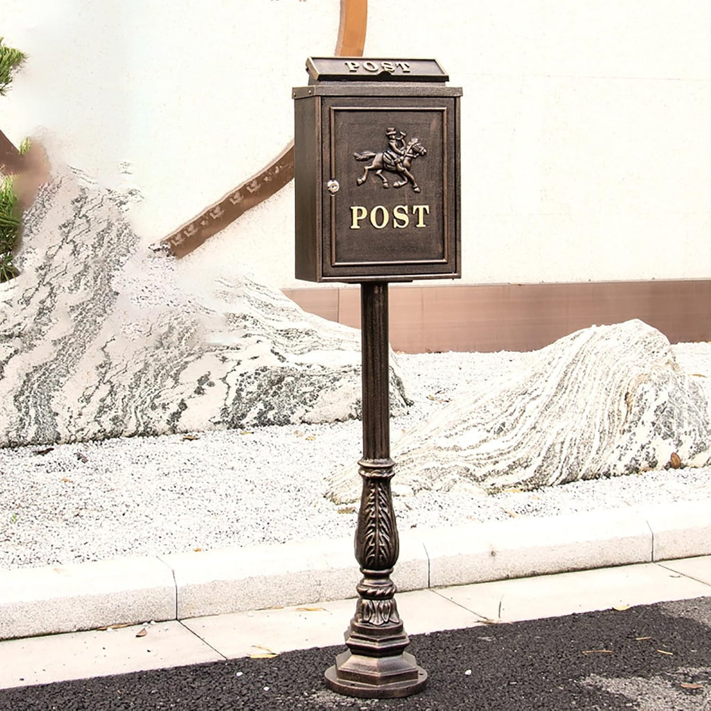 Mailboxes for Outside, Cast Aluminum Mailbox with Post, Heavy Duty Metal Mailbox with 2 Keys, for Home, Garden, Office(Brass)