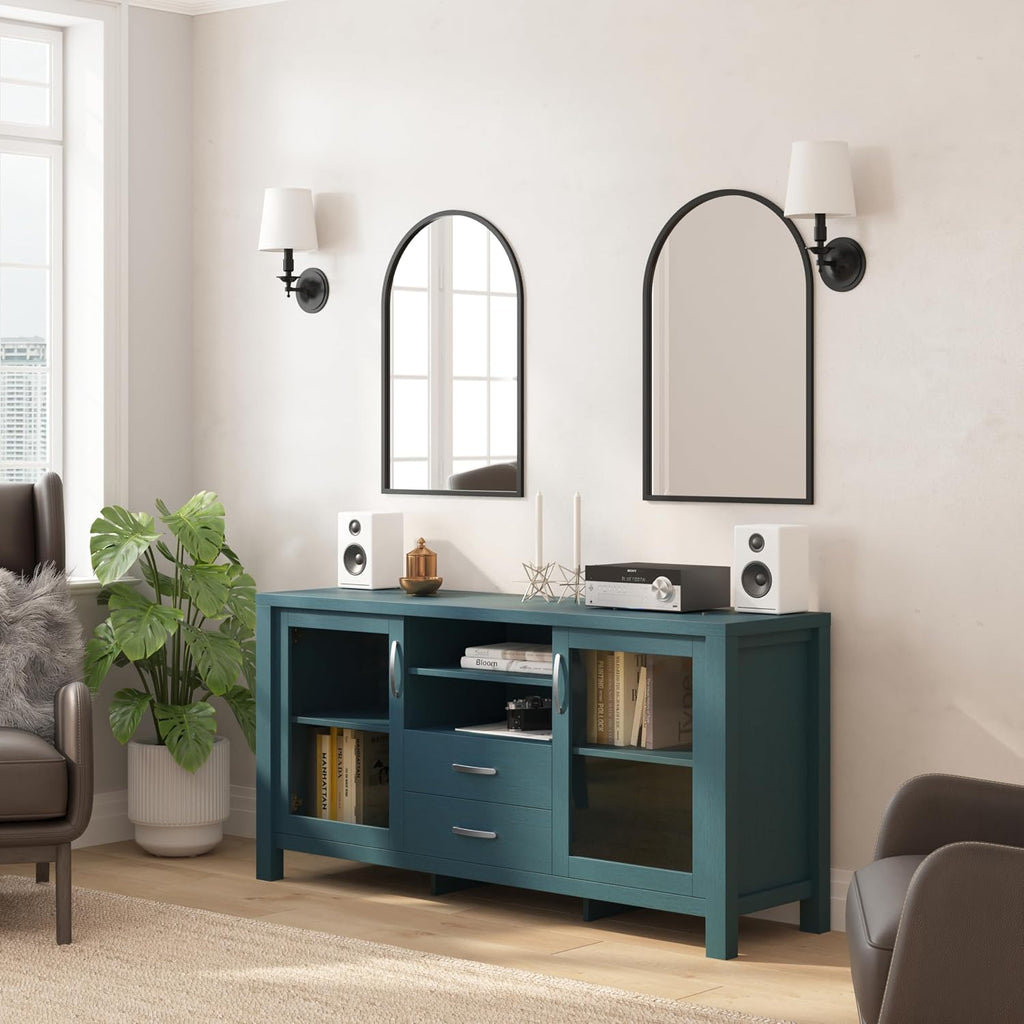 Flash Furniture Dion Modern Buffet Sideboard Storage Cabinet, Engineered Wood Construction, 2 Tempered Glass Soft Close Doors, 2 Drawers, Open Shelf, 59', Teal