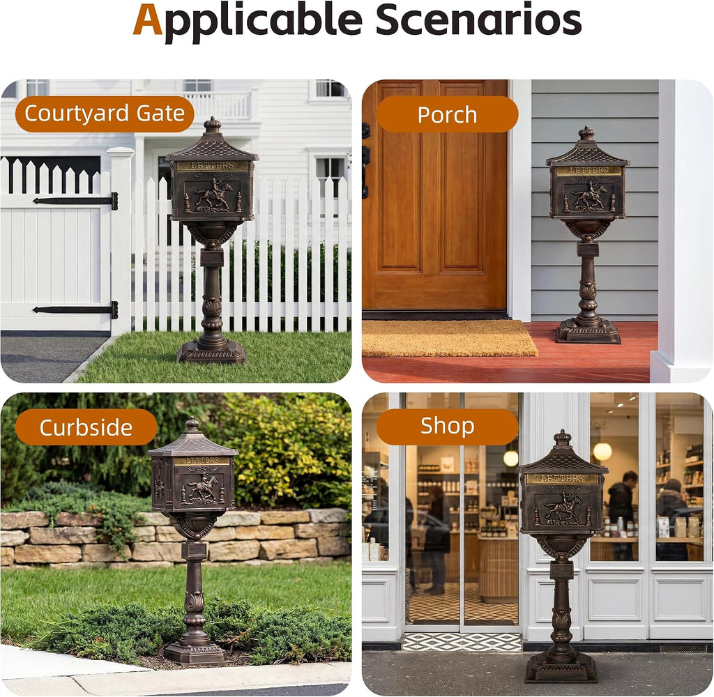 Cast Aluminum Locking Mailbox, Heavy Duty Security Postal Box, Retro Mid-Century Outdoor Mailbox with Key Lock, Weatherproof Anti-Theft Design, Easy Installation, Bronze