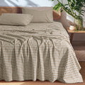 SONORO KATE 100% French Pure Linen Sheets, Breathable and Durable Linen Queen Size Sheets, Anti-Tear Linen Bed Sheets, Machine Washable, 16 Inch Deep Pocket - 4 Piece (Brown & White Plaid)