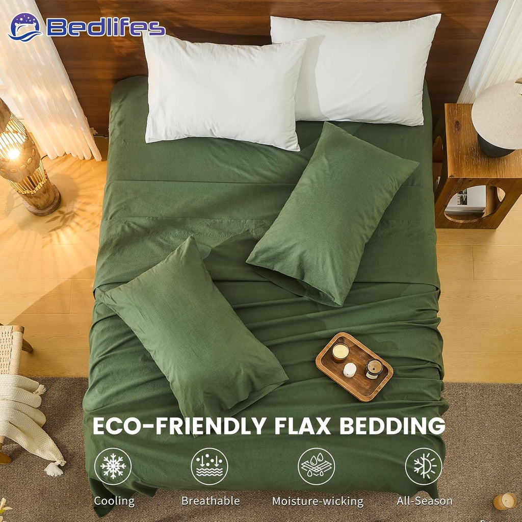 Bedlifes 100% French Pure Linen Sheets Queen Size Breathable and Cooling Flax Sheet Set Soft Durable and Moisture Wicking 16 Inch Deep Pocket-4 Piece(Queen,Forest Green)
