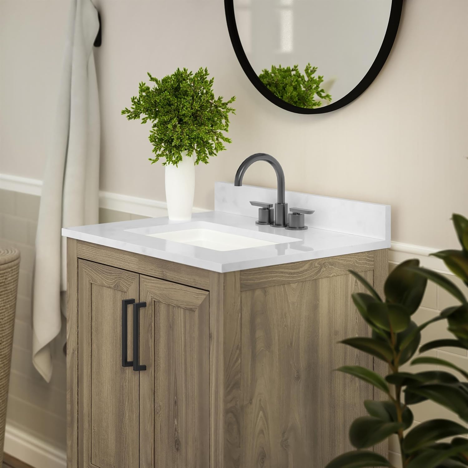 Flash Furniture Vega 24 Inch Bathroom Vanity with Sink Combo, Storage Cabinet with Soft Close Doors and Open Shelf, Carrara Marble Finish Countertop, Brown/White