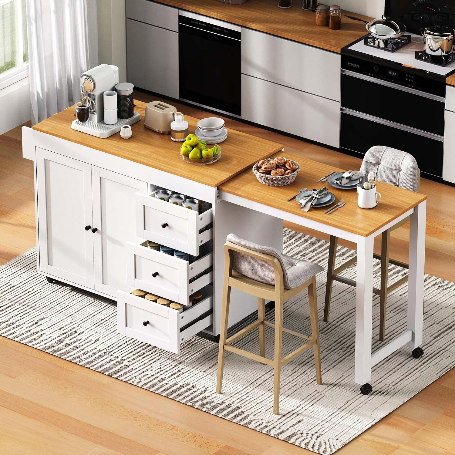 RUNNA Kitchen Island with Extendable Dining Table, Kitchen Storage Cart with 3 Drawers, Power Outlet, Rolling Kitchen Island on Wheels with Spice Rack and 2 Door Cabinet,for Kitchen (White@01)