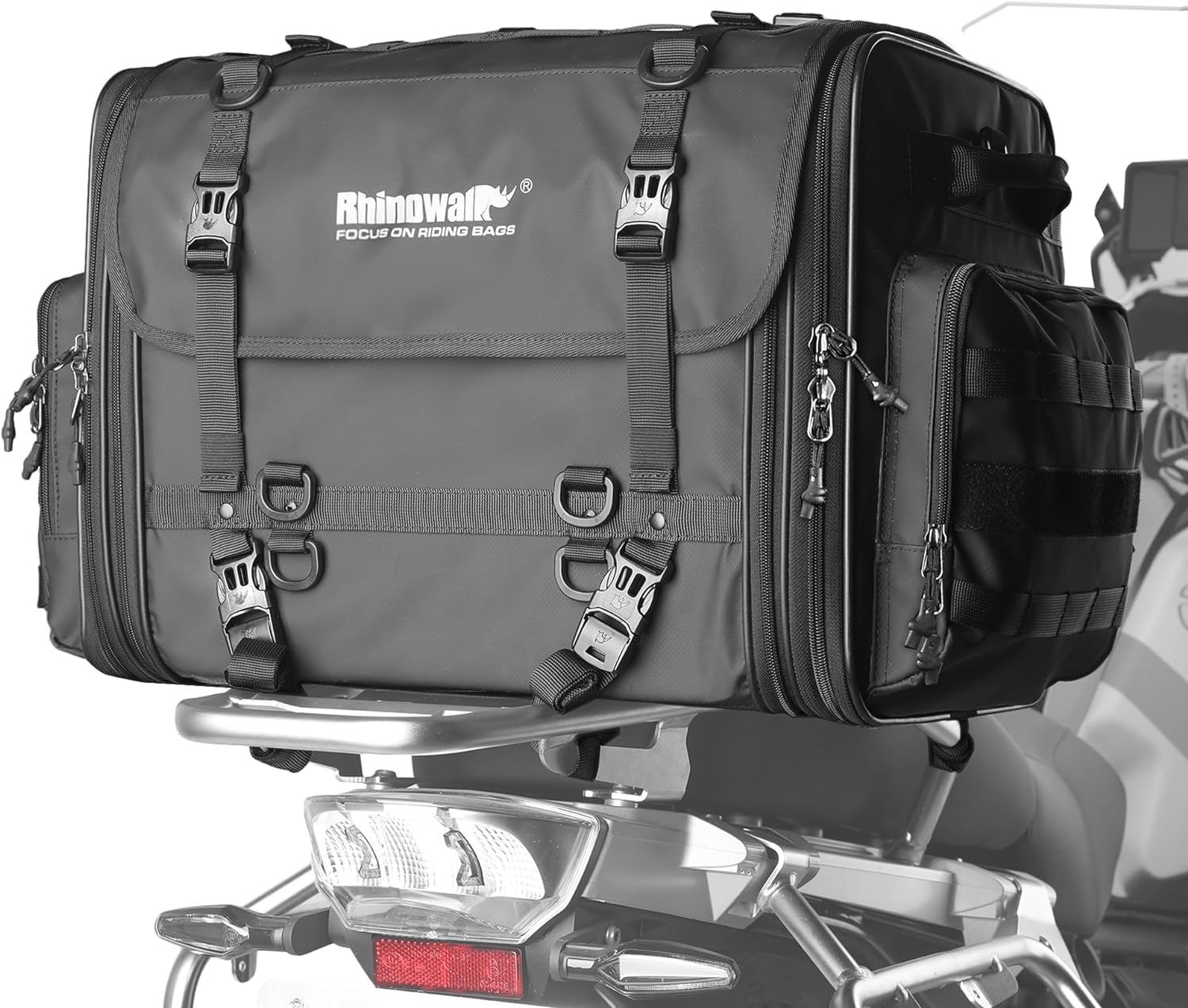 Rhinowalk Motorcycle Tail Bag, Expandable Motorcycle Travel Luggage Bags 80L, Waterproof All-Weather Trunk Rack Bag with Sissy Bar Straps & Helmet Rain Cover-Black