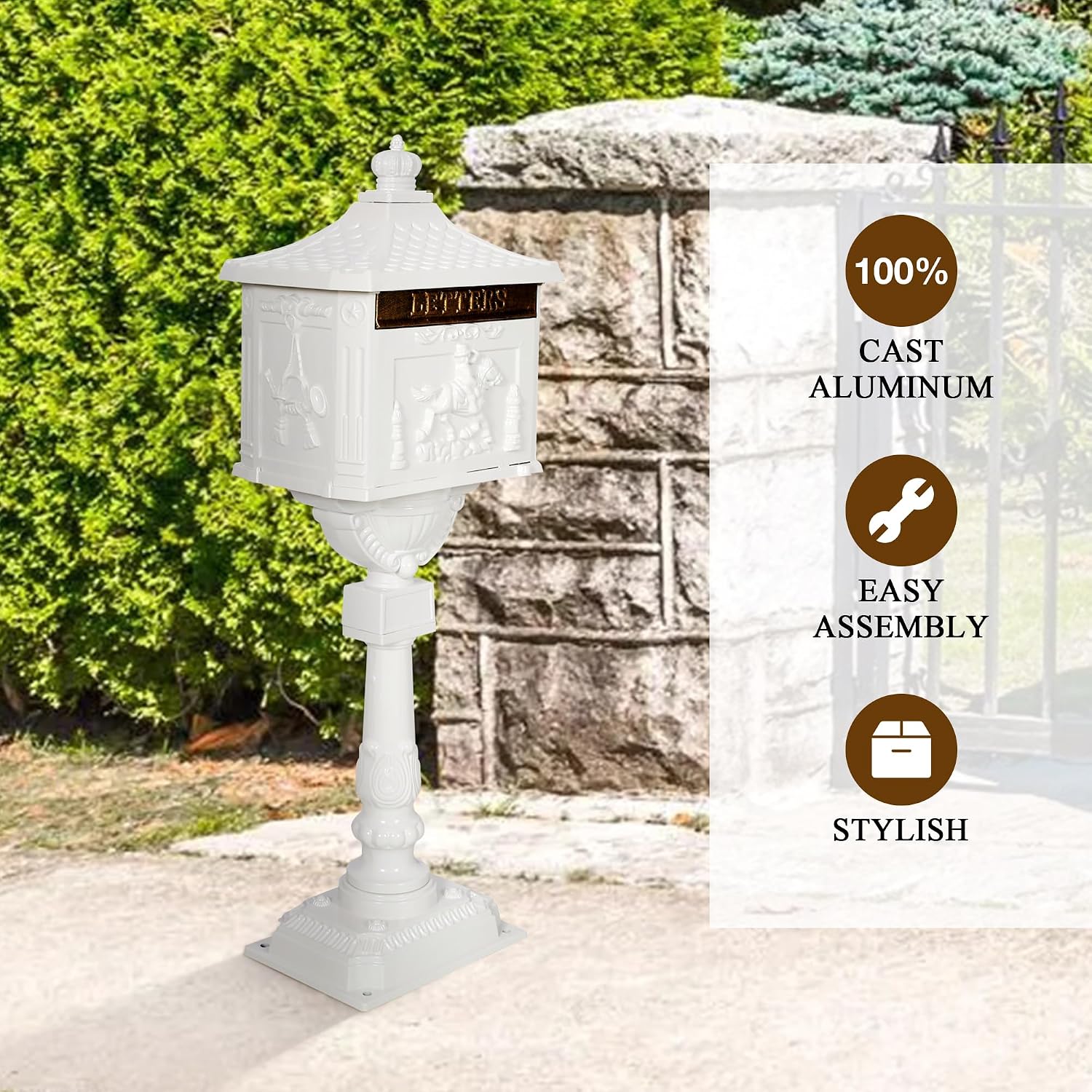 Mailbox, Heavy Duty Cast Aluminum Postal Box, Mail Box with 2 Keys for Courtyard Villa Decoration - White